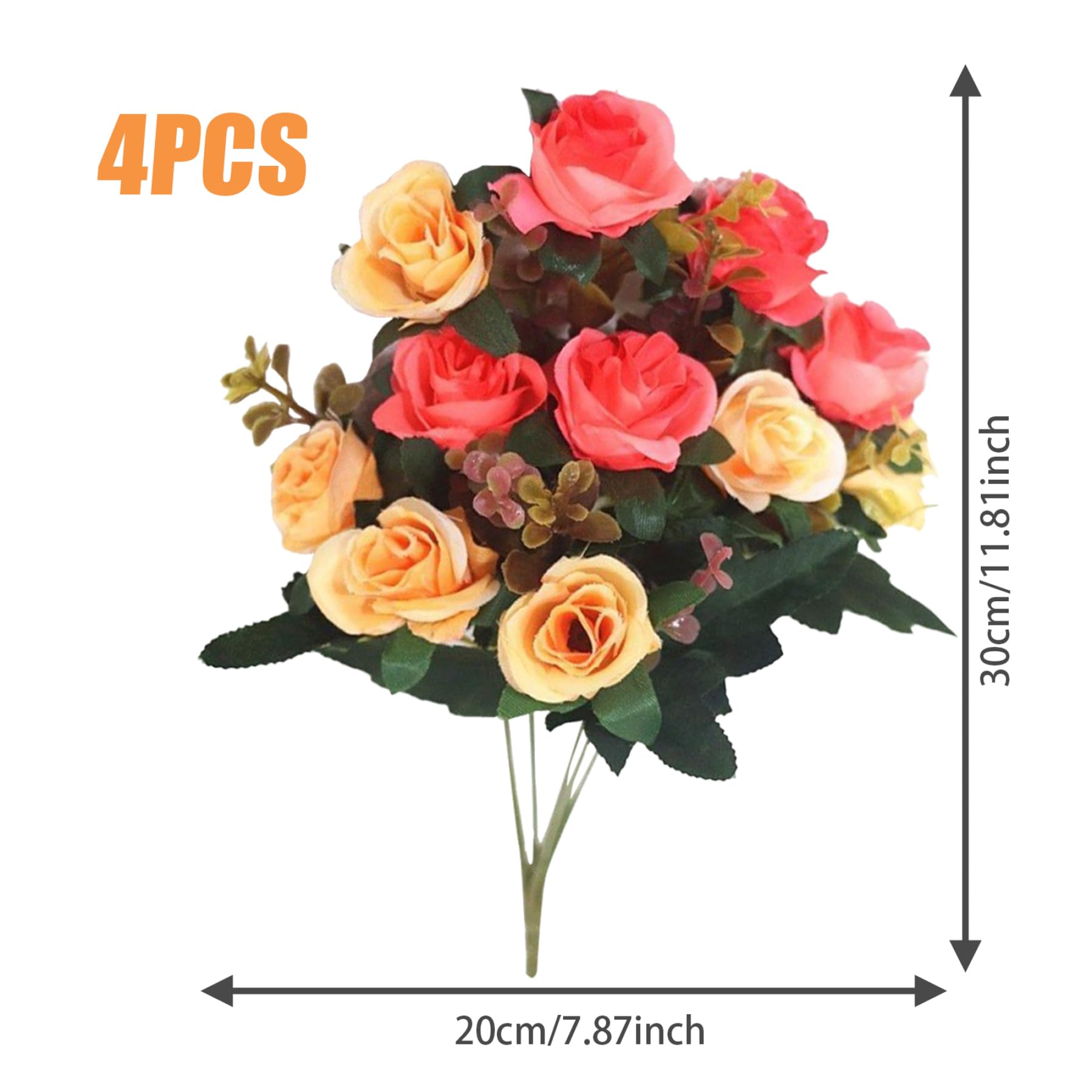 4 mazzi di Rose finte da cimitero da 11, 8'', a 12 Teste, in Seta, Fiori commemorativi per la Decorazione del Vaso della Tomba, Arancione
