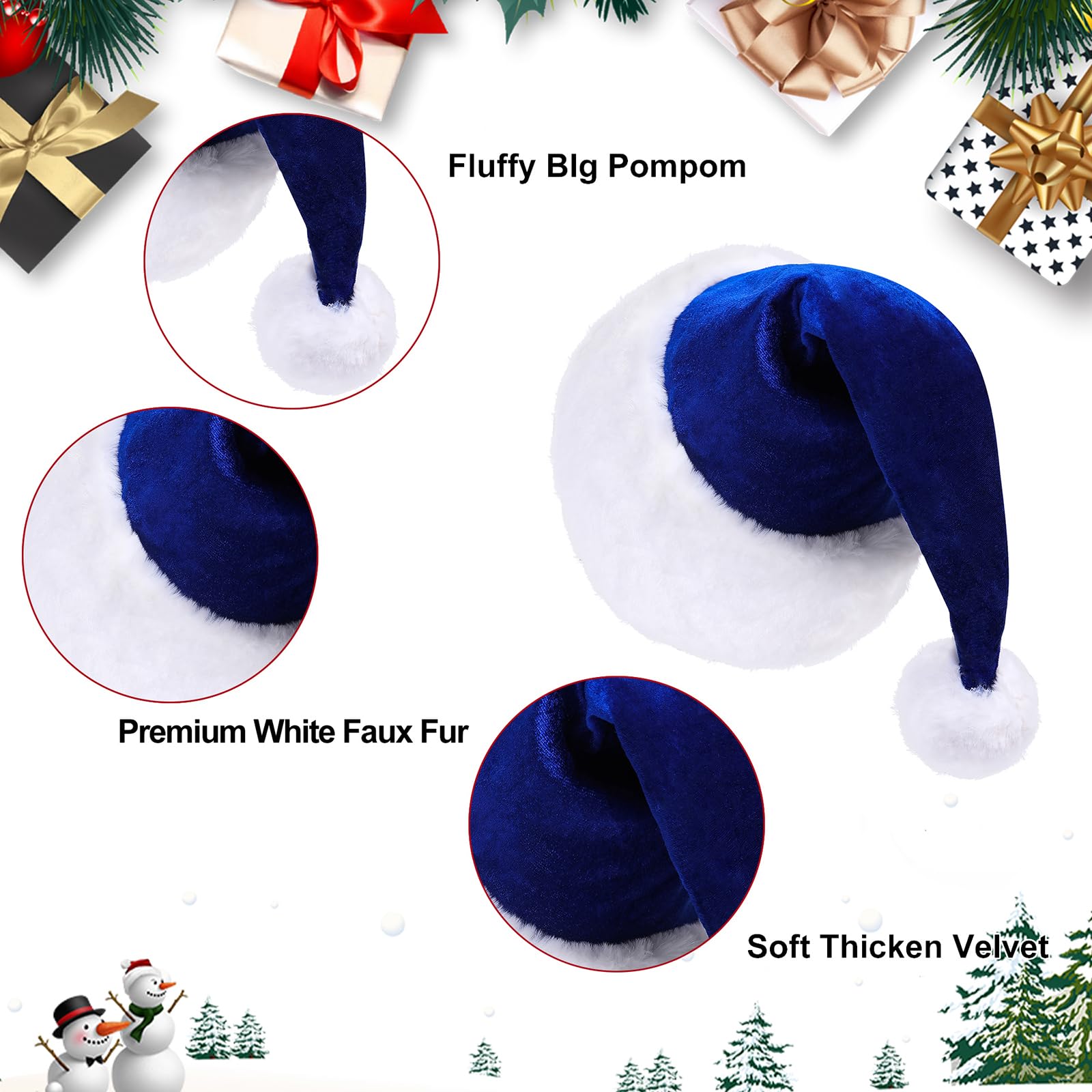 Sombreros de Papá Noel, sombrero de Navidad unisex de terciopelo para adultos, extra grueso, clásico sombrero de Navidad para fiesta festiva de Año Nuevo