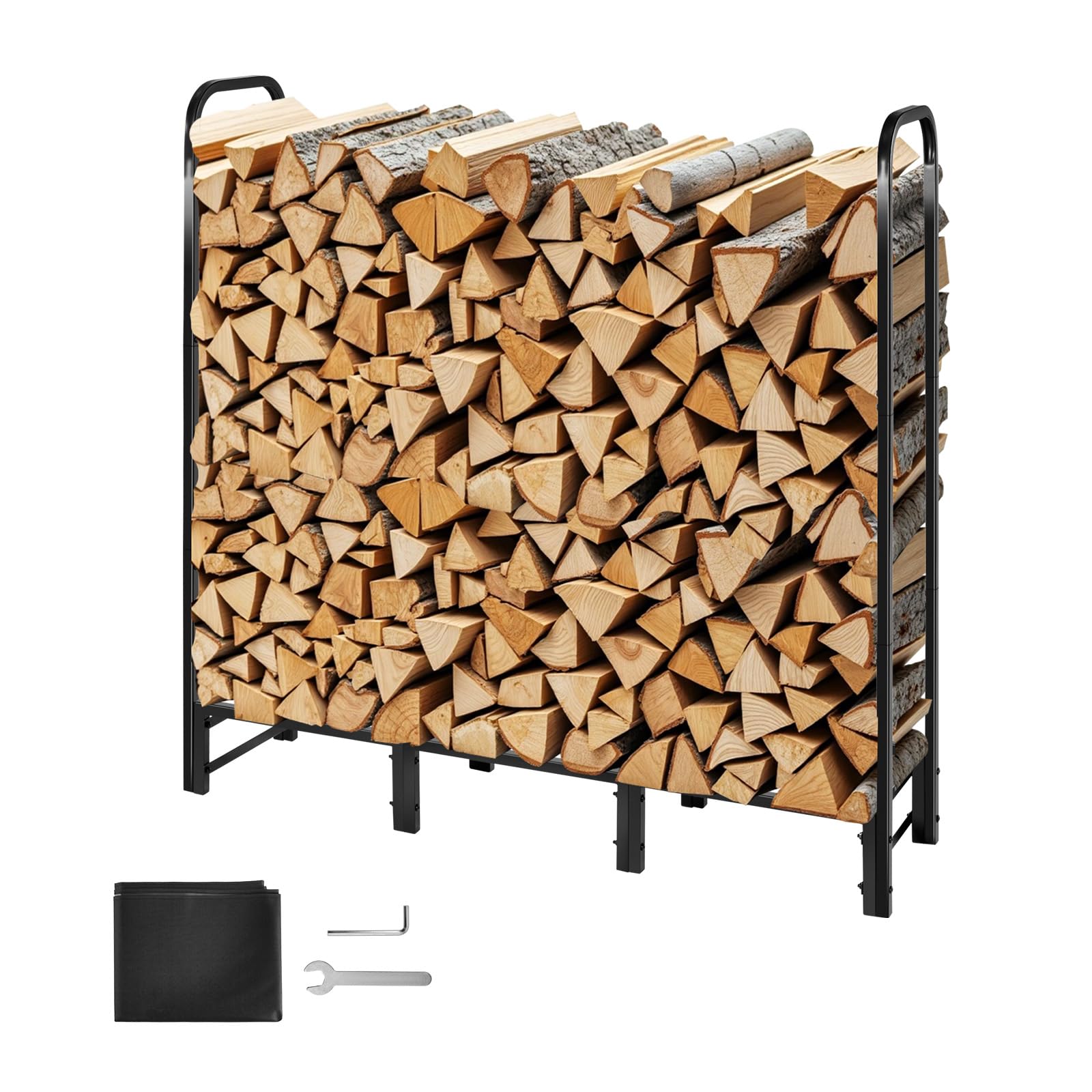 VEVOR Support à bois de chauffage avec housse imperméable, range-bûches extérieur en métal, 1220 x 320 x 1180 mm, charge maximale 181,4 kg, couverture partielle, thermolaqué, pour terrasse, vérandas