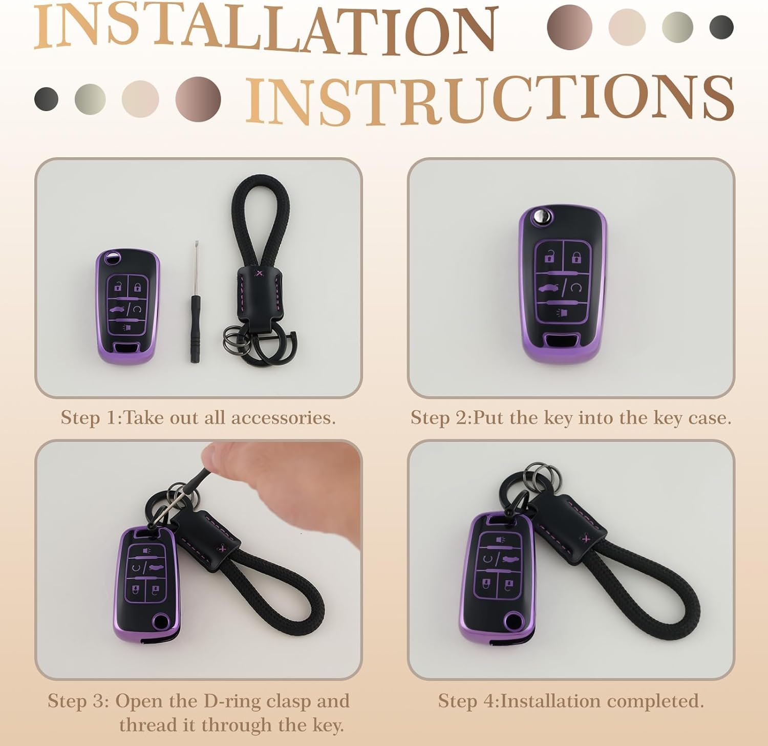 EnerCharge Key Fob Cover with Keychain，Black TPU Key Case Shell for Equinox Cruze Malibu Impala Spark Sonic Terrain GMC Buick Key Fob Case，Purple