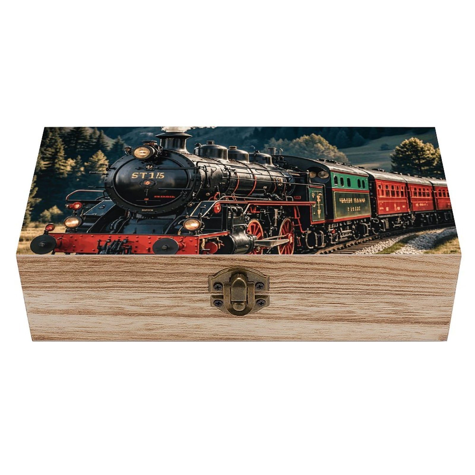 peiyeety Steam Locomotive Train Wooden Keepsake Box Decorative Wood Storage Organizer with Hinged Lid Large Handmade Wedding Memory Treasure Box for Jewelry Photos Stamps Crafts
