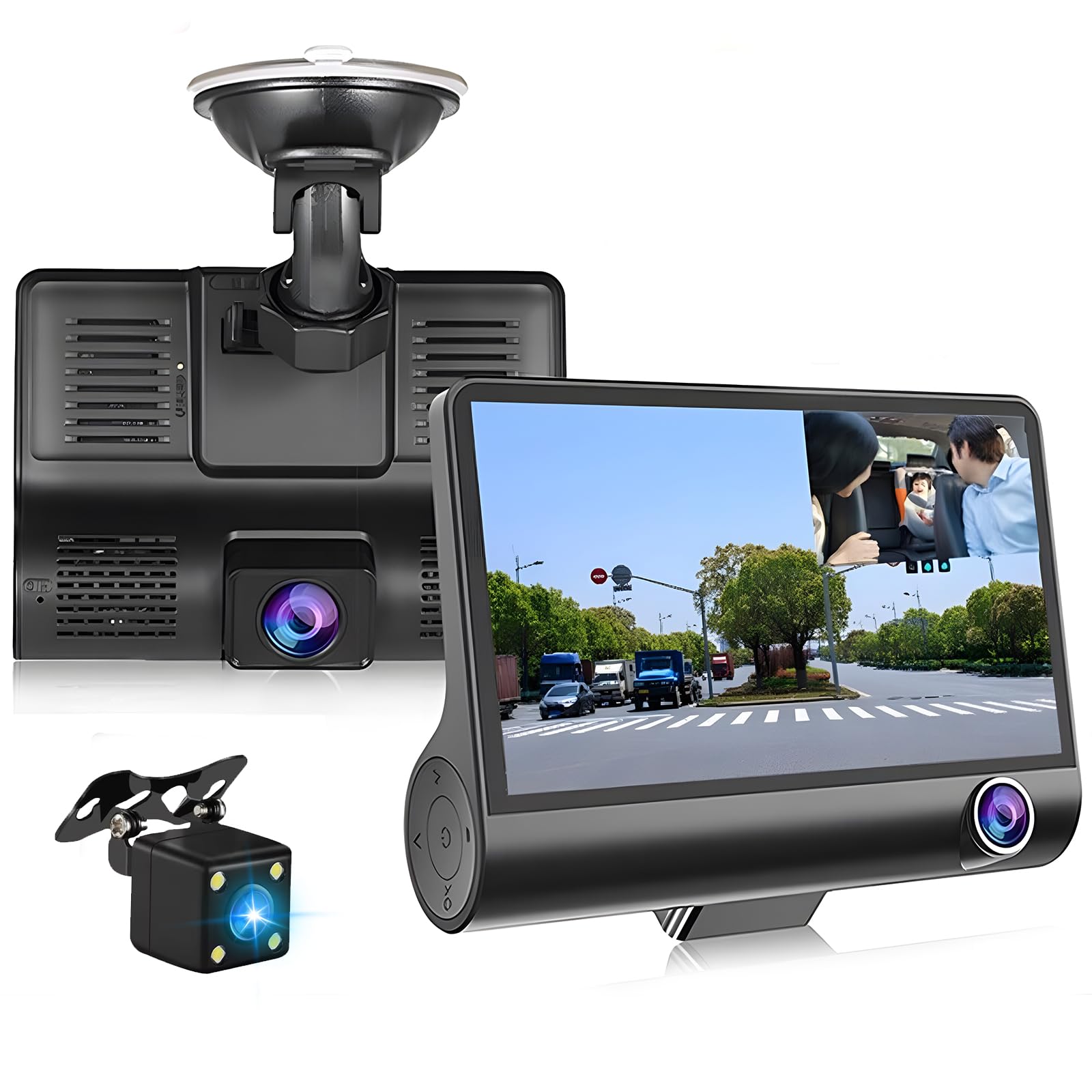 Hikity USB Dash Camera DVR 3 Cameras Lens 4'' Car Dash Camera Dual Lens | Dash CAM 1080P Grabación en Bucle Sensor G Monitor de Aparcamiento 170° Gran Angular Motion Sensor Tarjeta SD USB