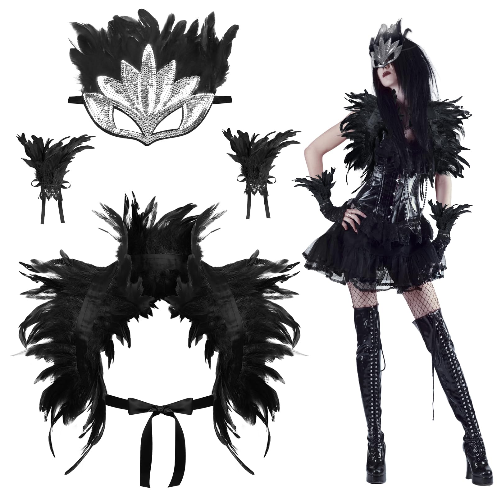 HONMOK 3 Pcs Halloween Black Feather Cape Shawl with Feather Wrist Cuffs Mask, Maleficent Costume for Women, Black Evil Queen Fancy Dress Accessories for Halloween Gothic Crow Black Swan Outfit