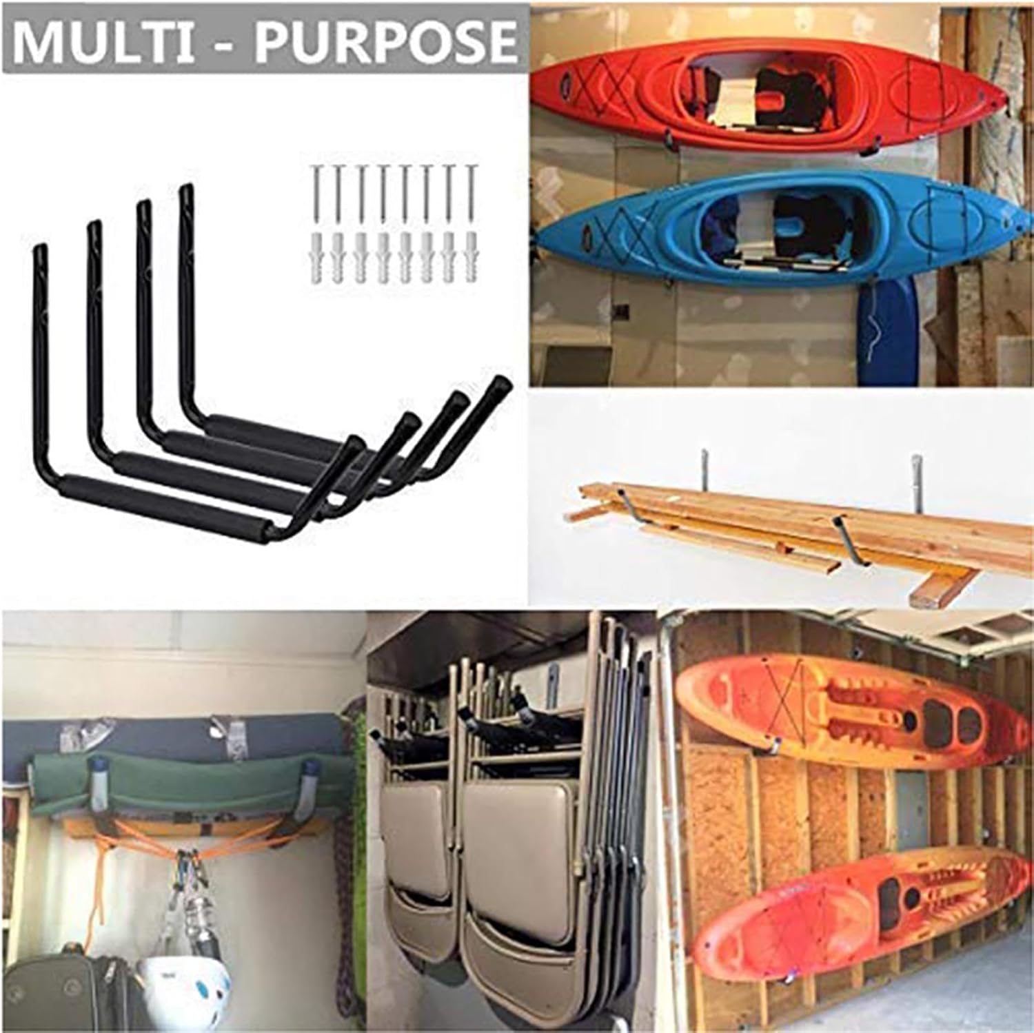 SEIWEI 4 Pcs Garage Hooks Heavy Duty, Steel Garage Storage Hooks, Wall Mount Garage Hanger & Organizer with Screws and Bolts for Organizing Garden Lawn Tool