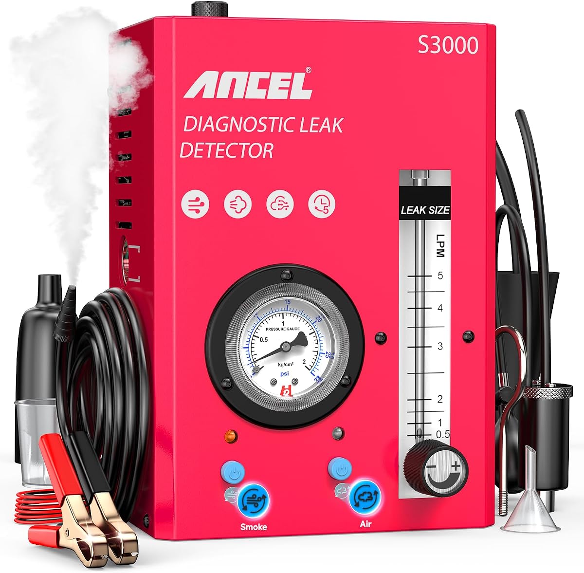 ANCEL S3000-US Automotive Smoke Machine Leak Detector with Built-in Air Compressor, Smoke Tester Automotive for EVAP, Vacuum, Fuel System with Pressure Gauge & Adjustable Flowmeter