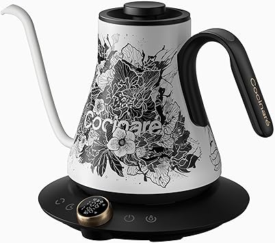 Cocinare Artisan Blossom Gooseneck Electric Kettle, 1F Precise Temperature Control for Pour-Over Coffee & Tea, Quick Heating 1500W, Stainless Steel Interior, 0.9L