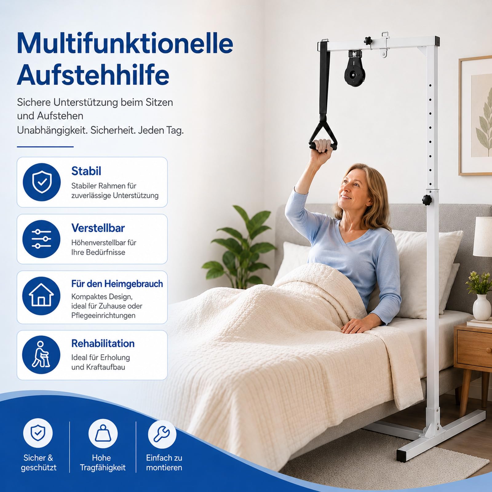 Unabhängige Aufrichthilfe für Senioren, 130-175 cm Höhenverstellbarer Bettgalgen Freistehend, H-förmiger Sockel, 100 kg Tragkraft Stabiler Aufstehhilfe Galgen für Bett für Pflegebett