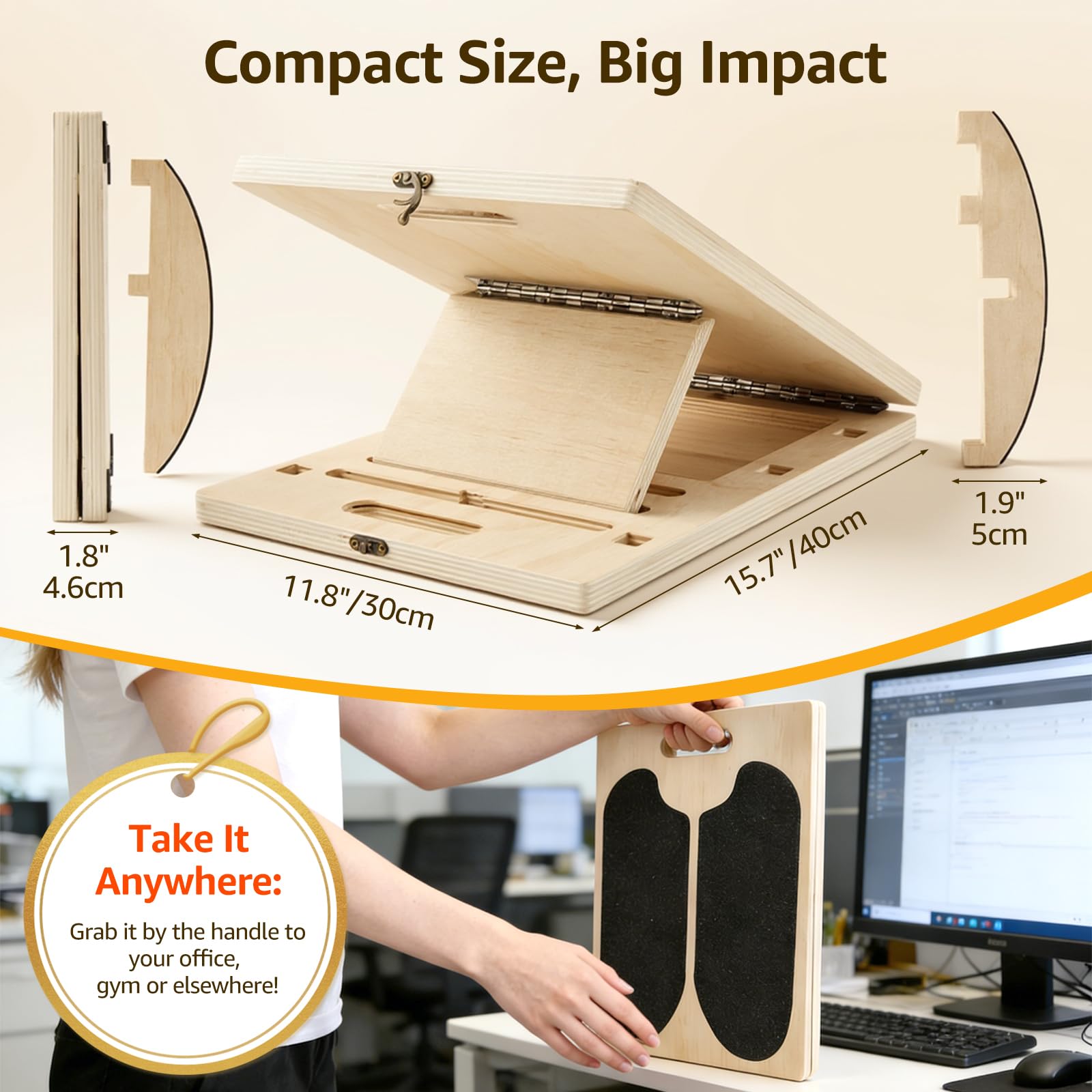 Balance Board 3-in-1 in Legno Portatile, Angoli Regolabili, Maniglia