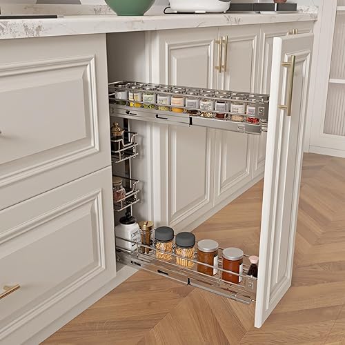 Miniatura 5 de Sikarou Organizador de gabinete estrecho extraíble de 3 niveles, 5 pulgadas de ancho x 21 pulgadas de profundidad, estante de soporte para especias
