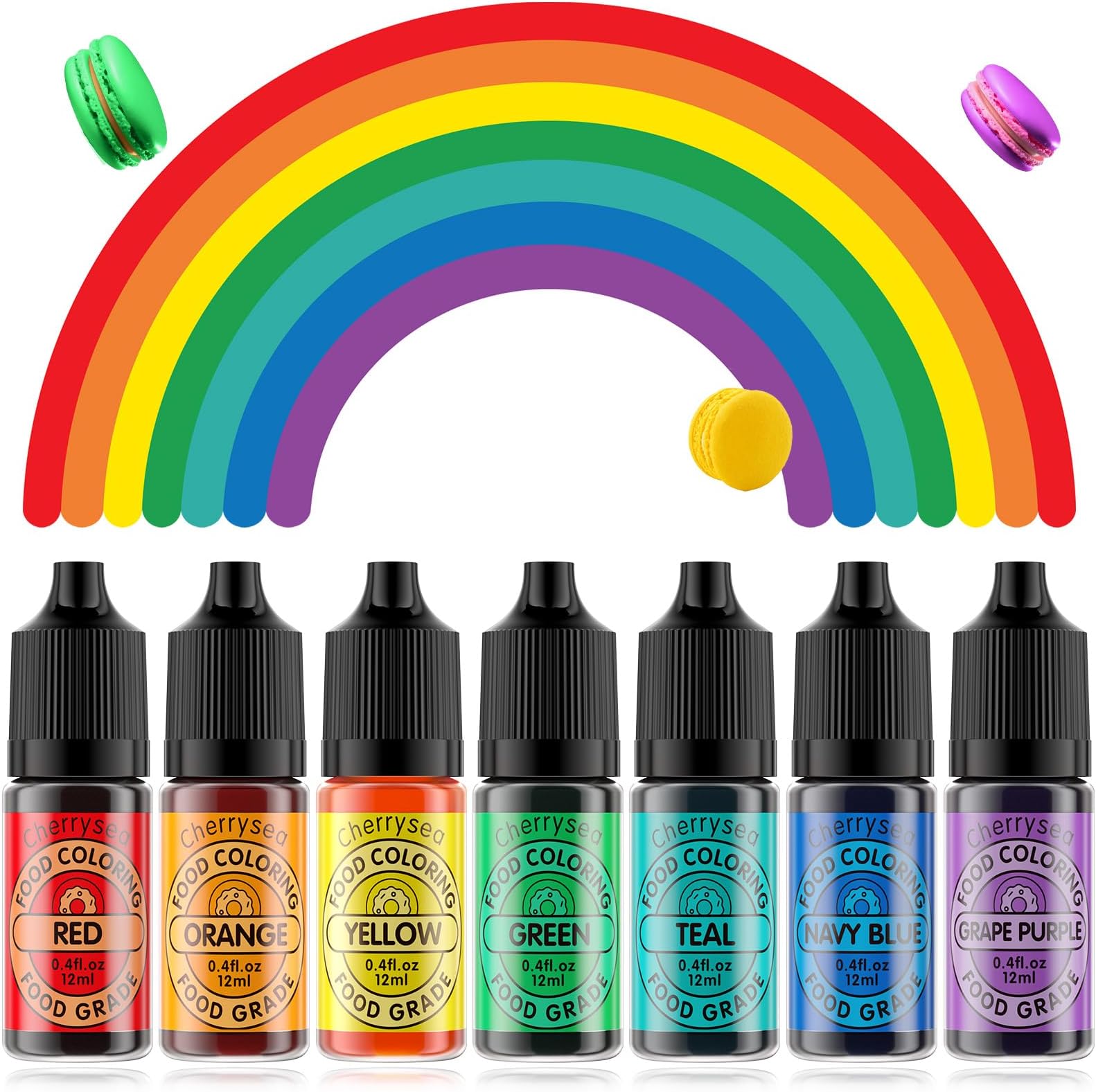 Cherrysea Food Coloring for Cake Decorating Rainbow Edible Food Dye for Halloween Baking Royal Icing Cookie Supplies Gluten Free 7x12ml Food Grade Liquid Food Color Kit, 0.4 Fl. Oz/Bottles