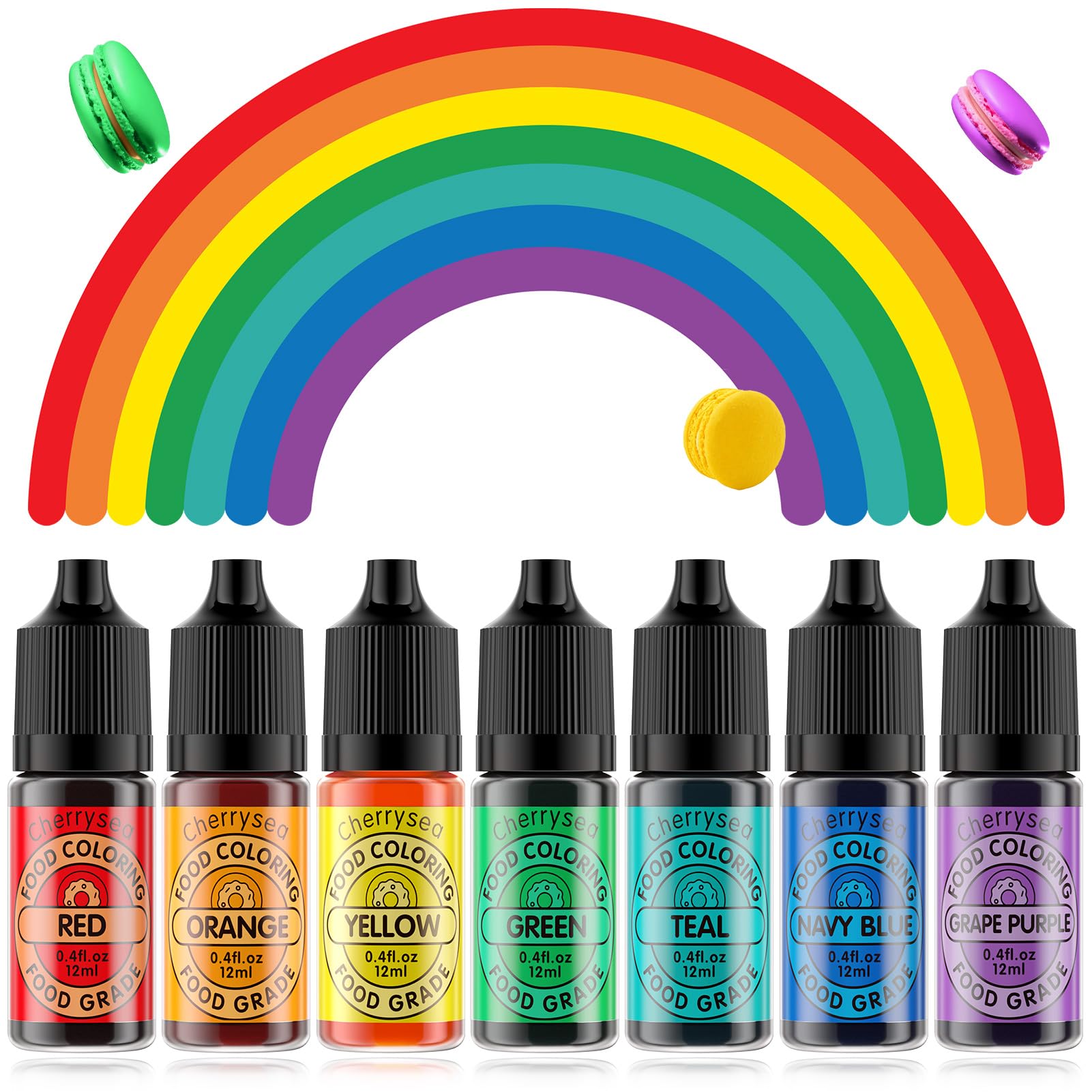 Cherrysea Food Coloring for Cake Decorating Rainbow Edible Food Dye for Halloween Baking Royal Icing Cookie Supplies Gluten Free 7x12ml Food Grade Liquid Food Color Kit, 0.4 Fl. Oz/Bottles