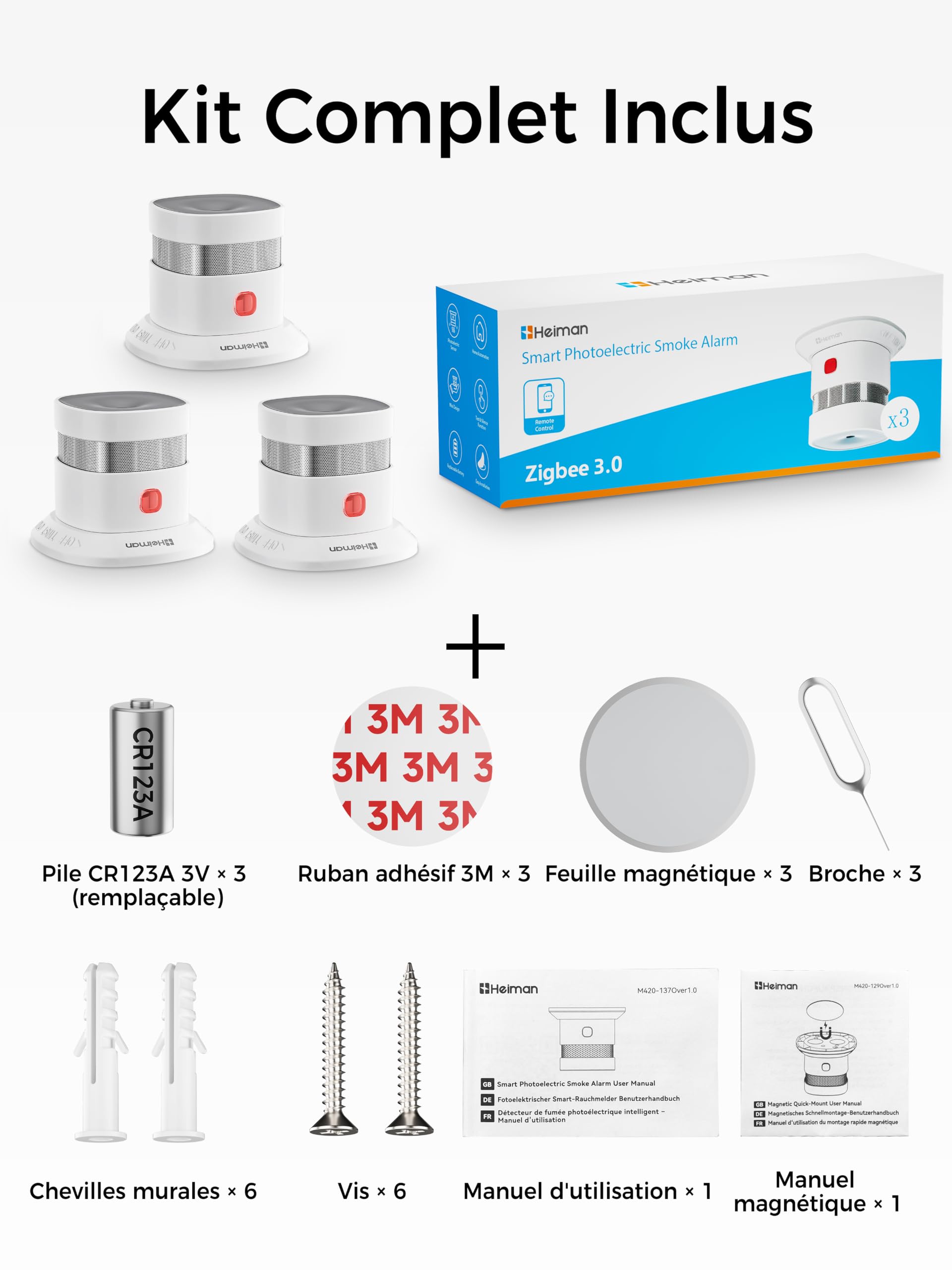 Heiman Detecteur de fumée Zigbee 3.0, Pile remplaçable 5 Ans, HS1SA-E Plus | Hub Zigbee requis, Home Assistant ZHA/Z2M, support magnétique inclus, certifié DBI & EN14604, lot de 3