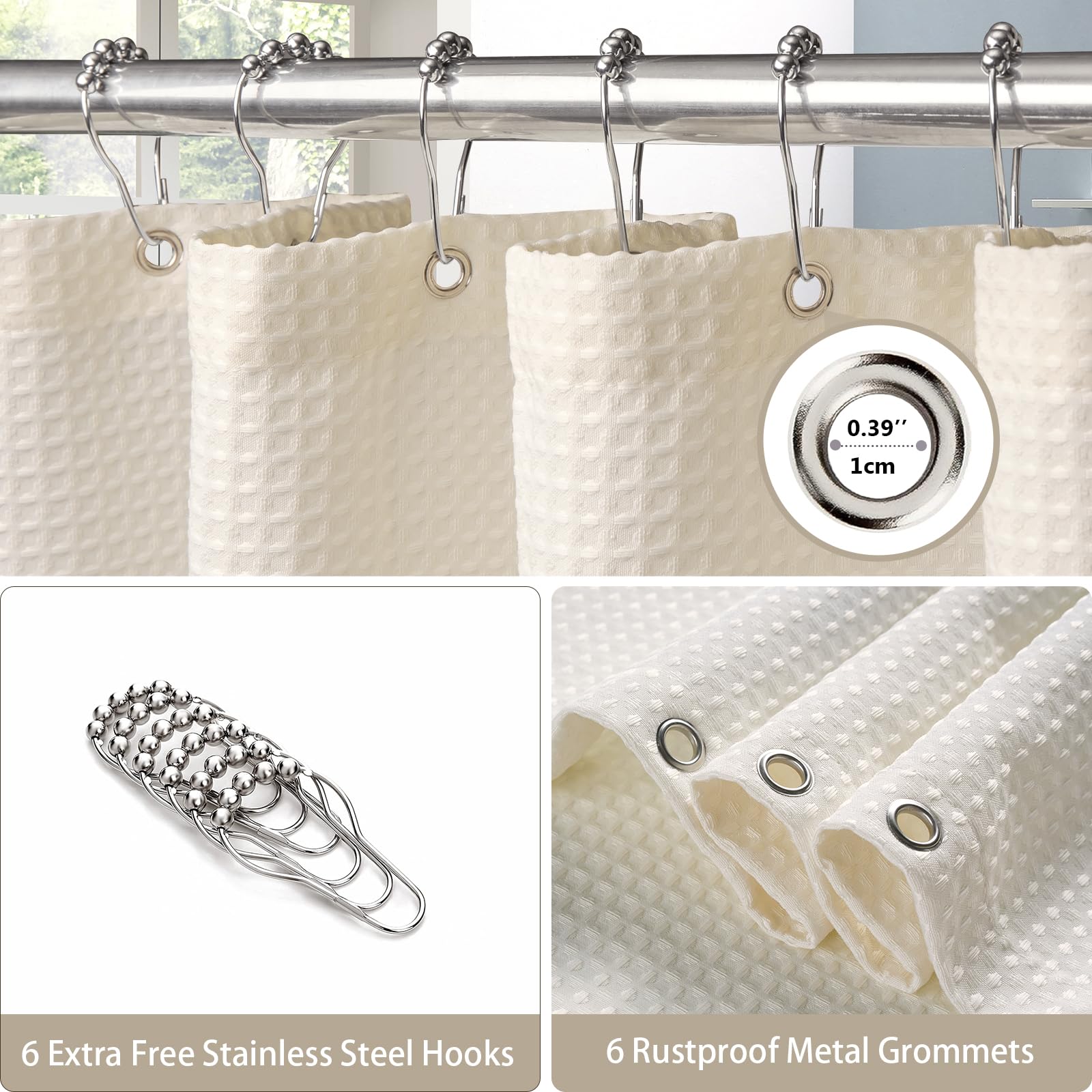 Tenda da Doccia per Bagno con Ganci in Metallo Tenda da Doccia in Tessuto Waffle Resistente per Vasca da Bagno, Resistente All'acqua - 92 x 182 cm (Crema)