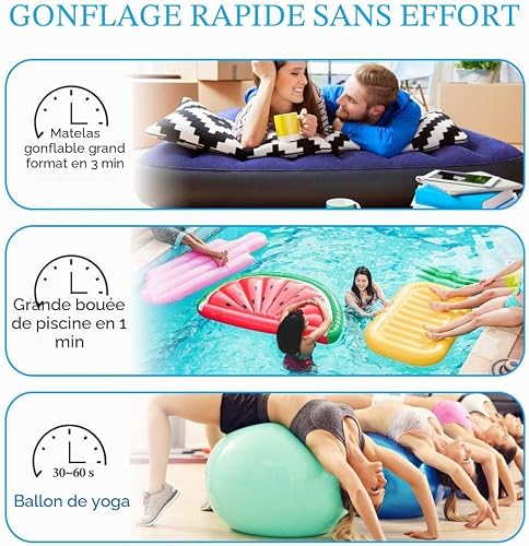 HOSPAOP Pompe à air électrique 2 en 1 Pompe électrique portable avec 3 buses d'air pour matelas gonflable, canapé, piscine, bateau gonflable, bouée, 220 V - 240 V/12 V - 4