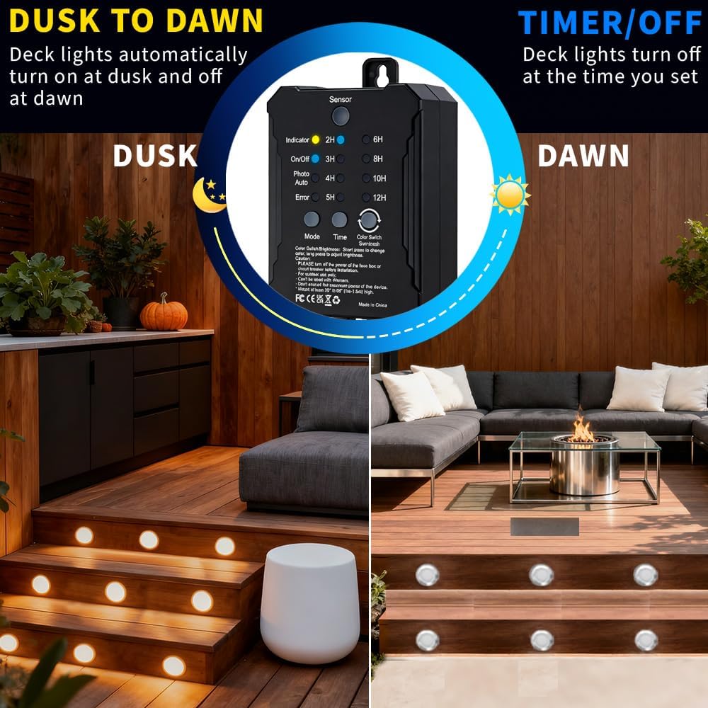 UniHobby Low Voltage Deck Lights with Transformer Dimmable Timer Circuit Protection and Memory Function and Photocell Sensor Outdoor LED Deck Lighting Waterproof for Stair Step Yard Park 10 Packs