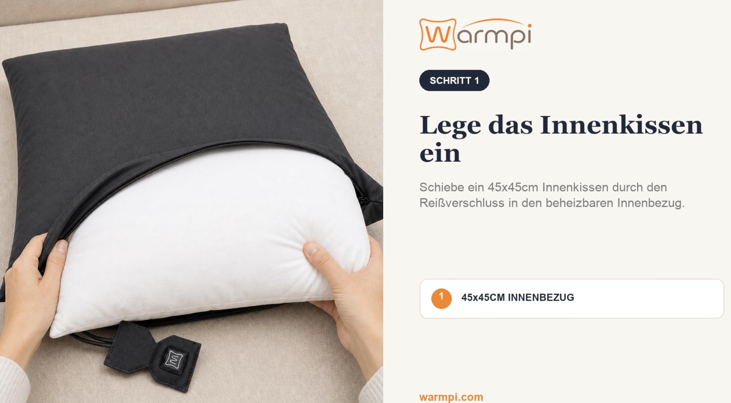 Universelles beheiztes Kissen-Inlett 45 × 45 cm mit 10.000 mAh Powerbank – Infrarot-Heizpanel – 3 Wärmestufen