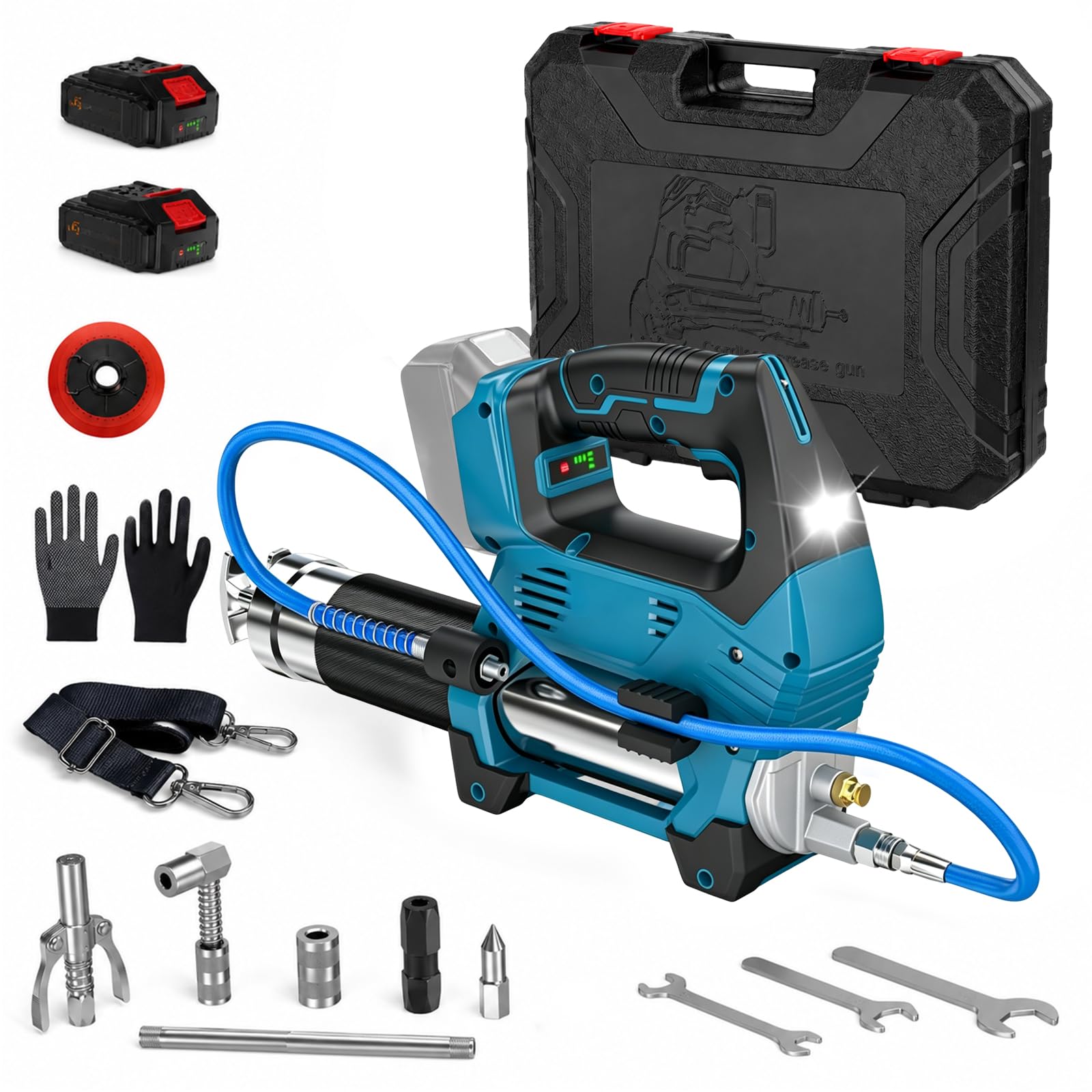 12.000 PSI Engrasadora Bateria Kit - Set Completo con 2 Baterias Premium de 2,0 Ah, Manguera Flexible de 1 M, Luz Led Brillante Y Motor Sin Escobillas Potente, 3 Velocidades Variables