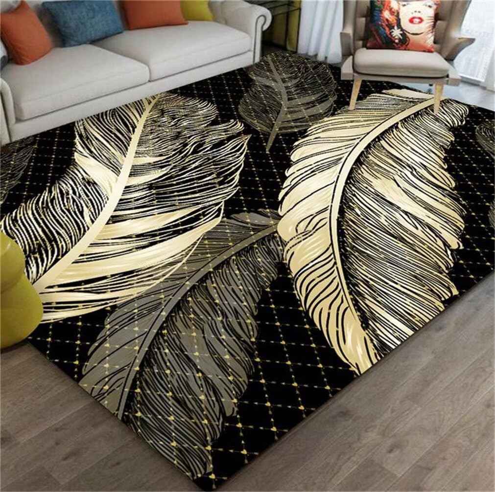 Tapis chambre garçon noir et jaune déco plume pour espace de jeu