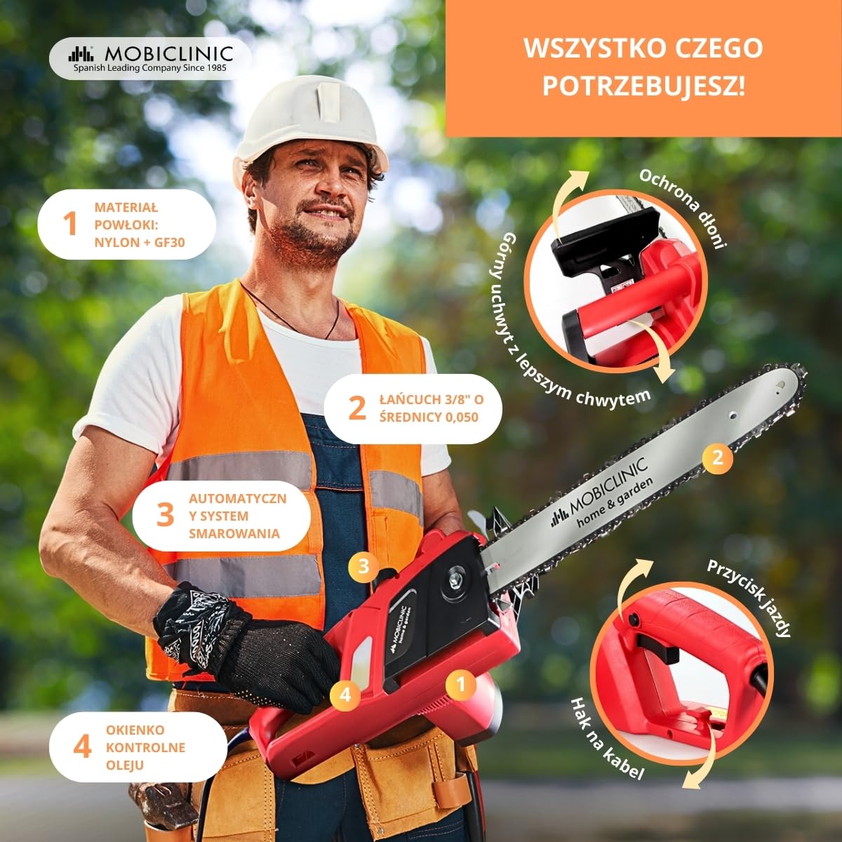 Mobiclinic®, Elektryczna pił łńcuchowa z kablem, 1800 w, Długość cięcia 40 cm, Automatyczne smarowanie, Zawiera etui, Uchwytem, Prędkość 13 m/s, Do 120 ml, Okno kontrolne oleju