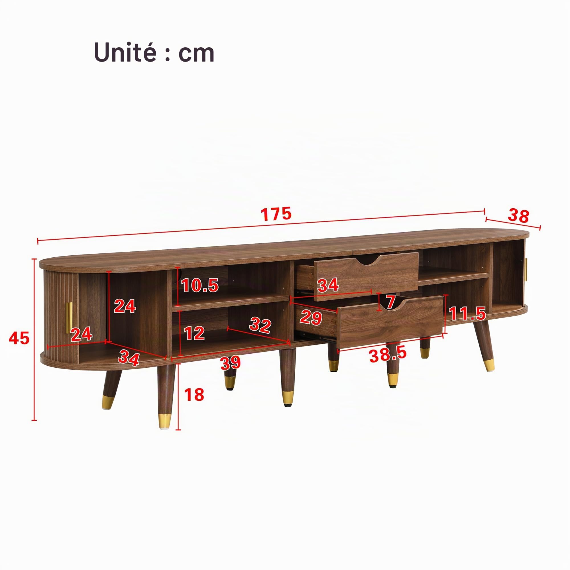 Merax Meuble TV 175 x 38 x 45 cm, style maison de campagne, avec porte coulissante en rotin, aspect noyer, beaucoup d'espace de rangement, compartiments ouverts, tiroirs et armoire, détails dorés