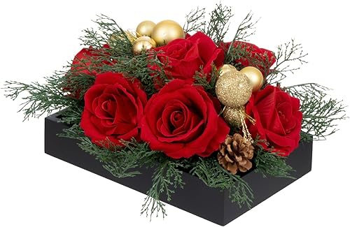 MyGift Centro de mesa navideño de 10.5 pulgadas, decoración del día de San Valentín, el arreglo incluye flores artificiales de rosas rojas y adornos