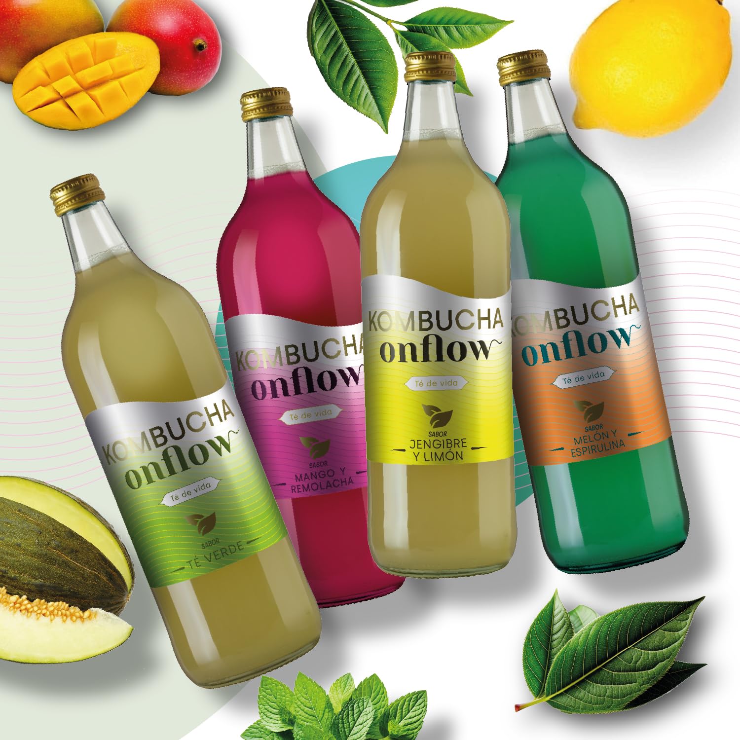 Kombucha Natural Onflow Sin Azúcar Pack 4 Botellas 1L Sabores Jenjibre-Limón Té Verde Mango-Remolacha Melón-Espirulina