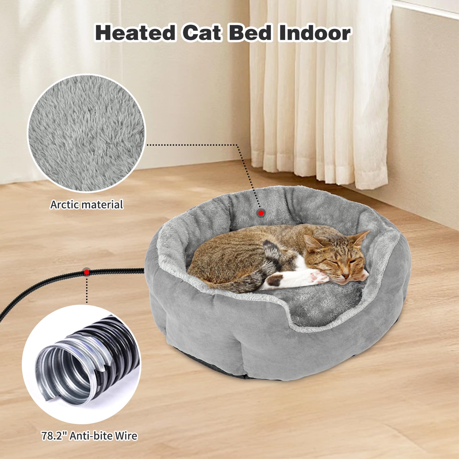 Beheiztes Katzenbett für den Innenbereich, 47 cm, weiches beheiztes Haustierbett für Indoor-Katzen mit Timer und Temperatur einstellbar, wärmendes Katzenbett, Heizkissen für Indoor-Katzen,