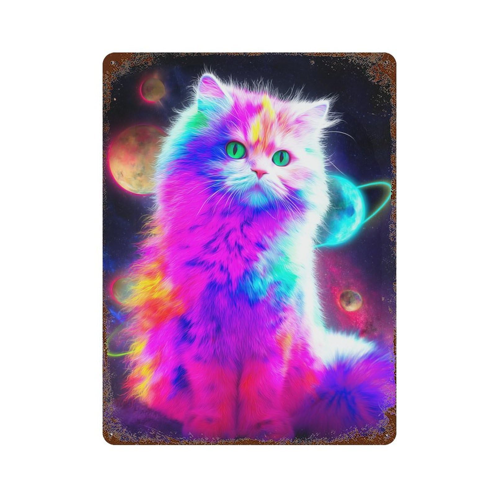 Cosmic Rainbow Cat 15.7"x11.8" Distressed Metal Wall Sign, Retro Wall Decor for Garage, Bar And Workshop Decor