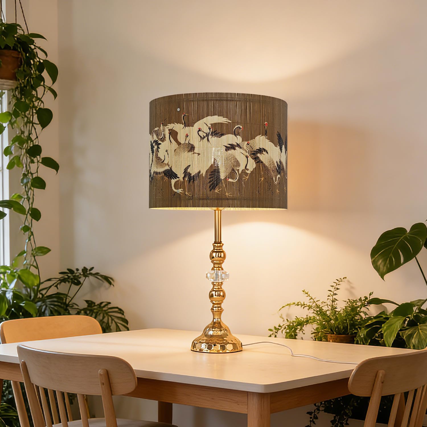 Vintage Bamboo Lamp Shade with Birds and Floral Design, Cylindrical Shape, 30x23cm, Compatible with Table and Floor Lamps (Art Deco D)