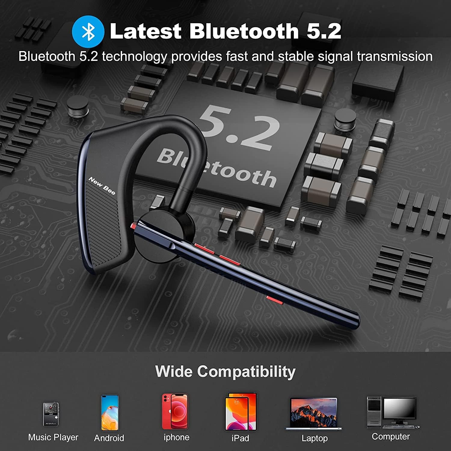 New bee Bluetooth Headset 24Hrs Talktime CVC8.0 Dual Mic Noise Cancelling Bluetooth Earpiece V5.2 Wireless Headset for Cell Phone/iPhone/Android/Driver/Business/Office(Blue)