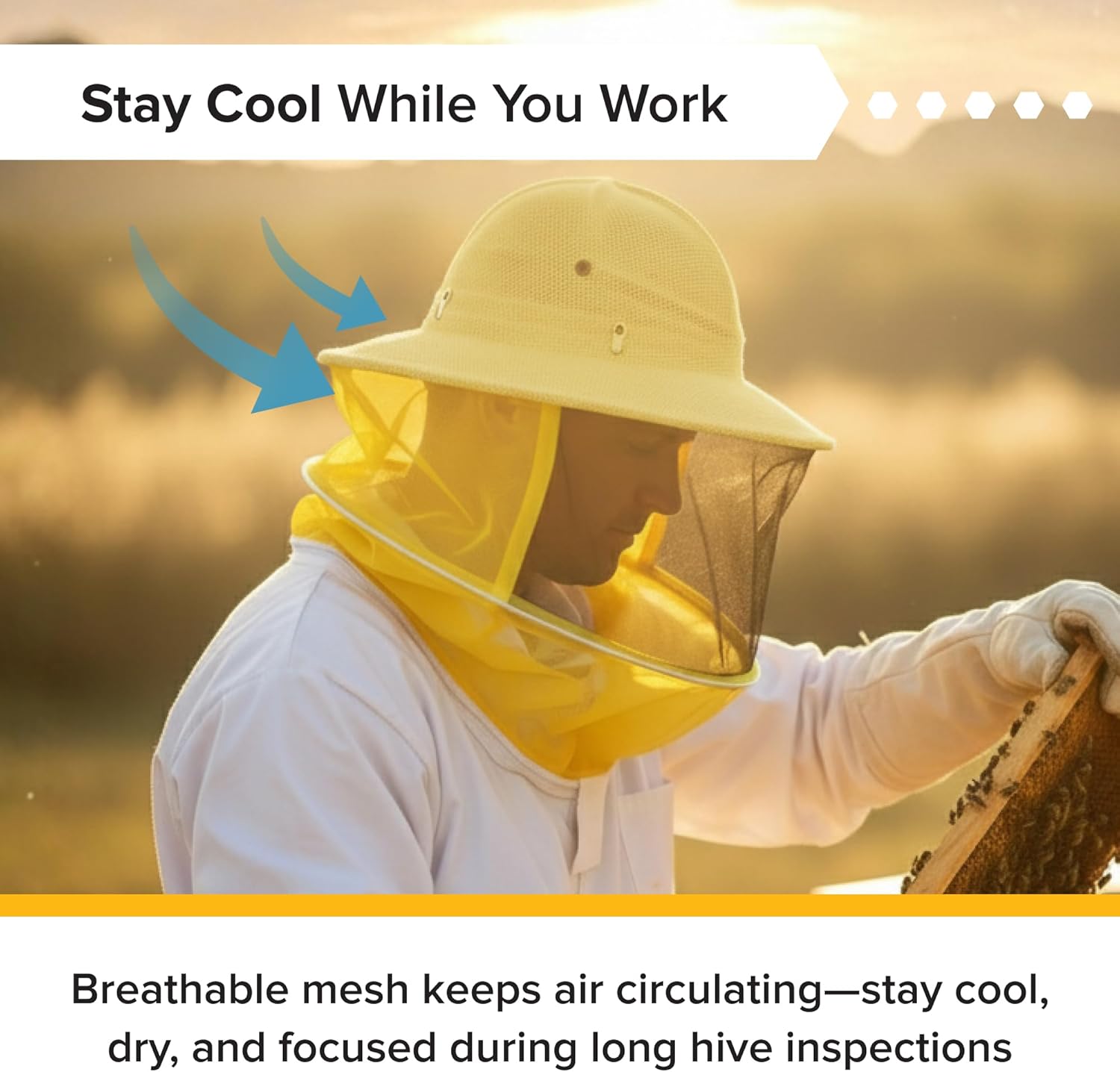 Mann Lake Standard Vented Beekeeping Helmet, Lightweight Protective Bee Keeping Hat with Breathable Mesh, Durable Build, Adjustable Headband, and Terry Cloth Sweatband for Beehive Yard Use