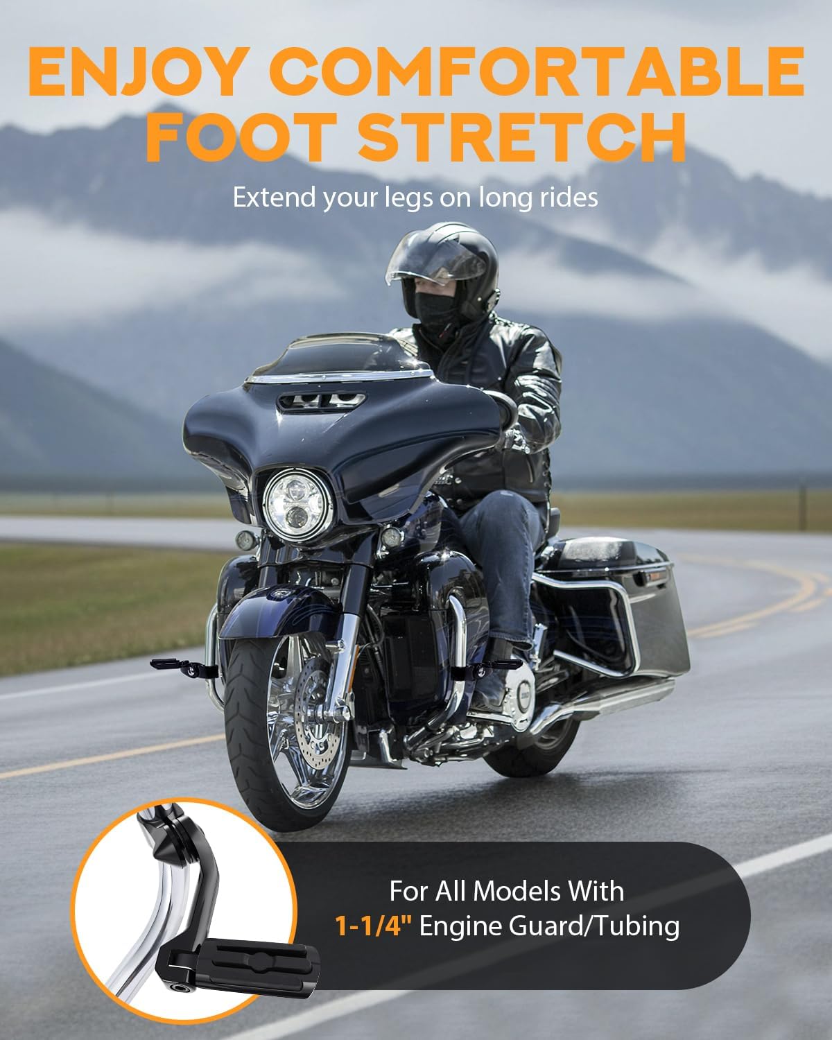 PBYMT Highway Pegs Long Angled 304 Stainless Steel, Highway Footpegs Footrest Fit For 1''&1.25''(25/32mm) Crash Bars Compatible with Harley Davidson Touring Road Glide Road King Street Glide Black