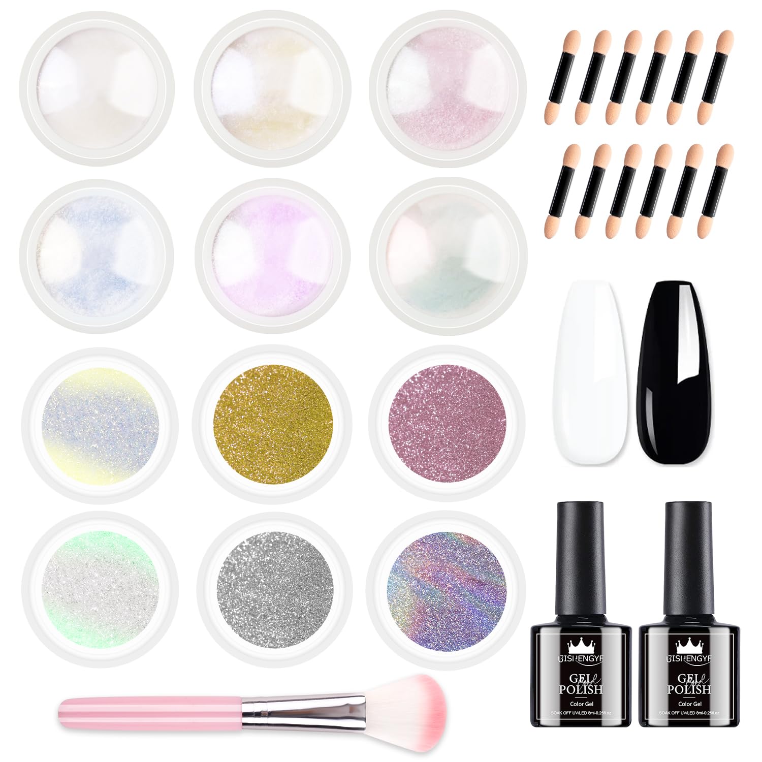 12 Pcs Chrome Nail Powder Kit - Black White Colors Gel Polish Mirror Metallic Effect Holographic Aurora Iridescent Pearlescent Manicure White Pearl Chrome Nail Powder for Nails DIY