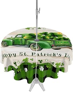QueenKer Green Clovers Truck Outdoor Tablecloth with Umbrella Hole and Zipper Lucky Gold Coin Wood Grain Waterproof Round 54 Inch, Table Cloth Cover for Outside Picnic Patio BBQS Garden