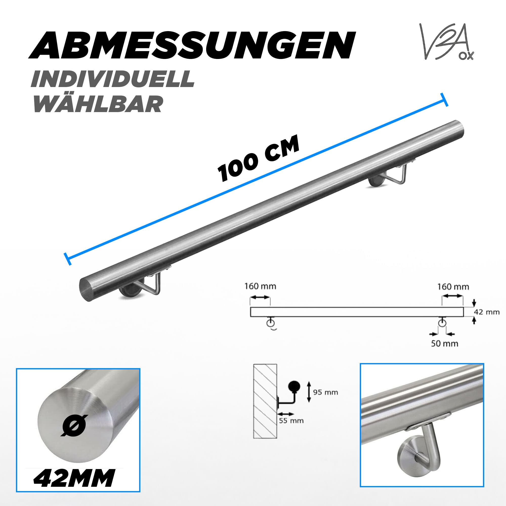 Handlauf Treppengeländer aus Edelstahl, Durchmesser: 4,2 cm, Rostfrei & Wetterfest, Inklusive Montagematerial, Halter, Länge: 100 cm