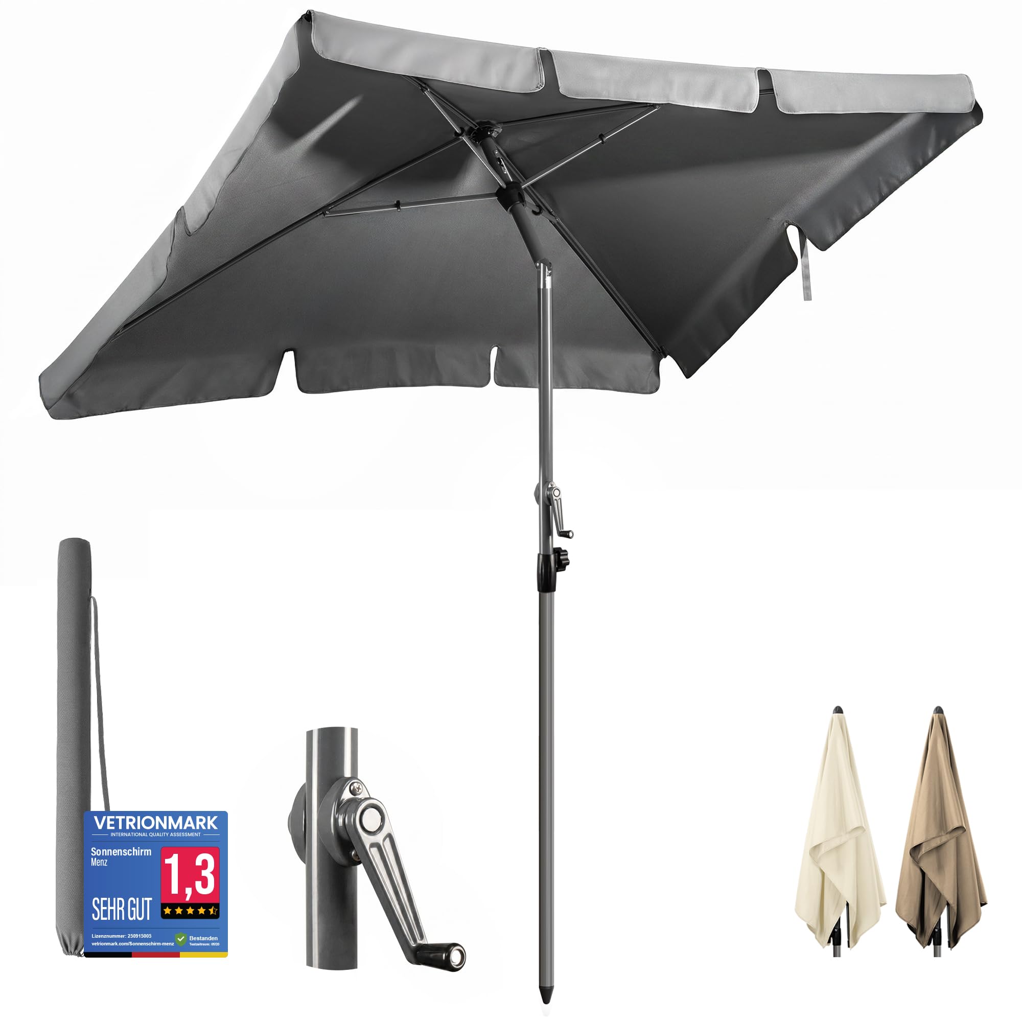Menz Balkonschirm mit Kurbel, Sonnenschirm rechteckig 200x125 cm, Sonnenschirm Balkon, UV 50+ Sonnenschutz Balkon mit Schutzhülle mit Kurbel, knickbar und höhenverstellbar, Anthrazit
