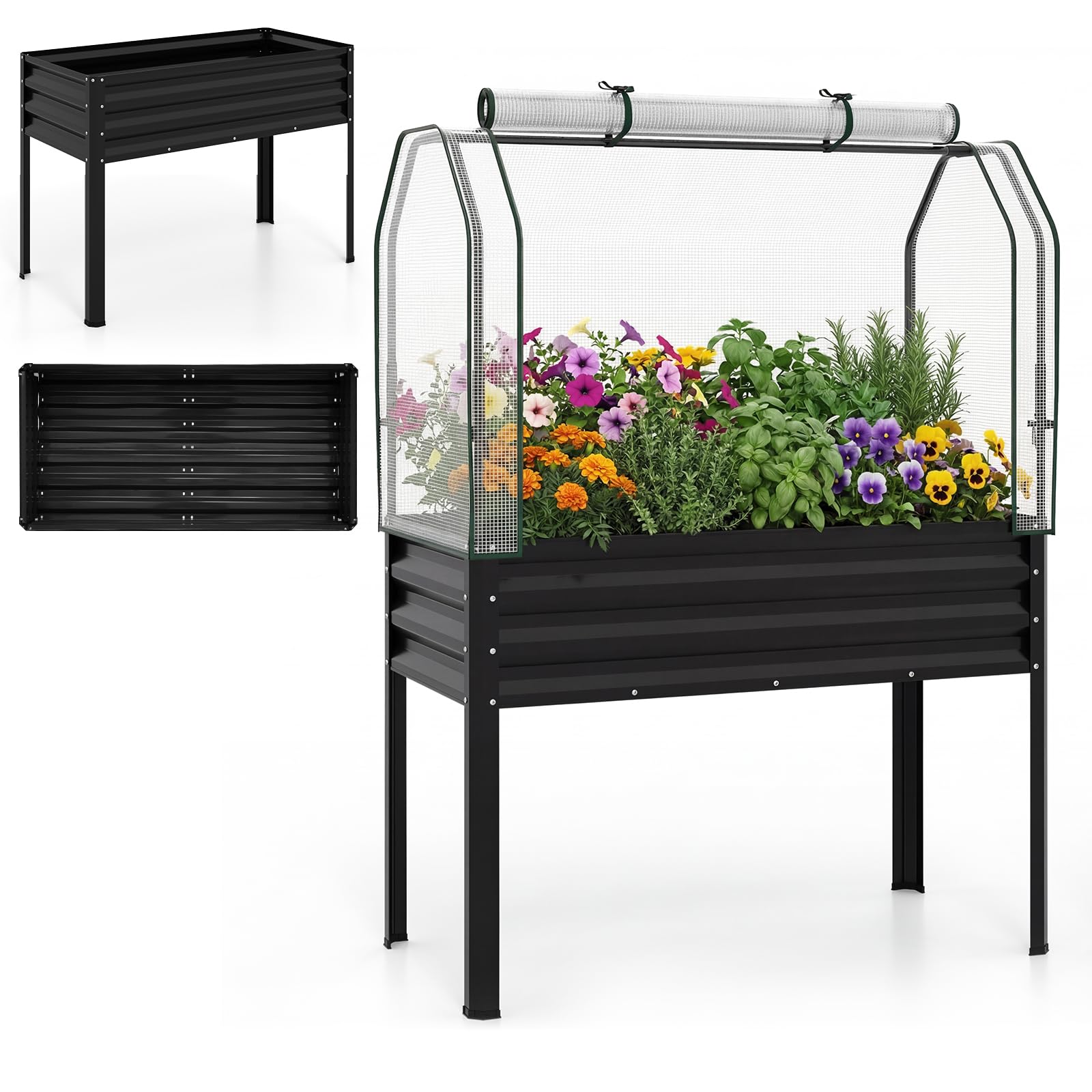 HOMASIS 2 in 1 Fioriera Rialzata da Giardino, Orto Rialzato da Esterno, Serra Copertura in PE con Porta Avvolgibile, Base Rimovibile, Aiuola per Verdure, Frutta e Fiori, 112 x 55 x 152 cm (1, Nero)