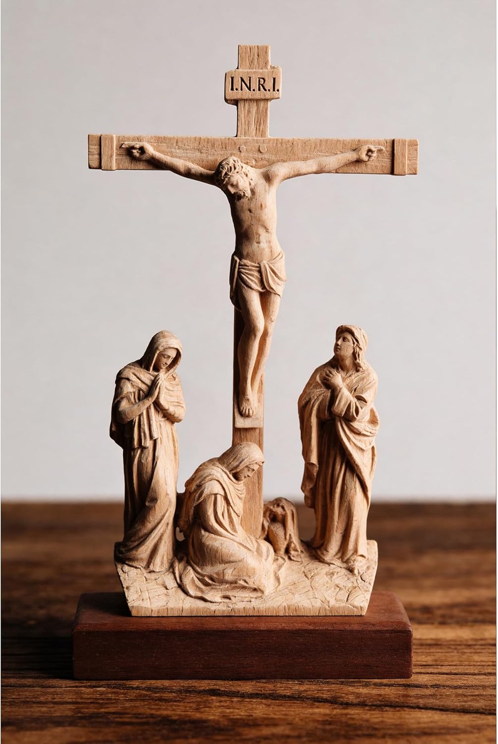 ASTARIKO Wooden Standing Crucifix with Dark Wooden Base - 10.8" Hand-Carved Catholic Table Jesus Cross, Altar Calvary Scene, Religious Home Decor & Gifts (Natural)
