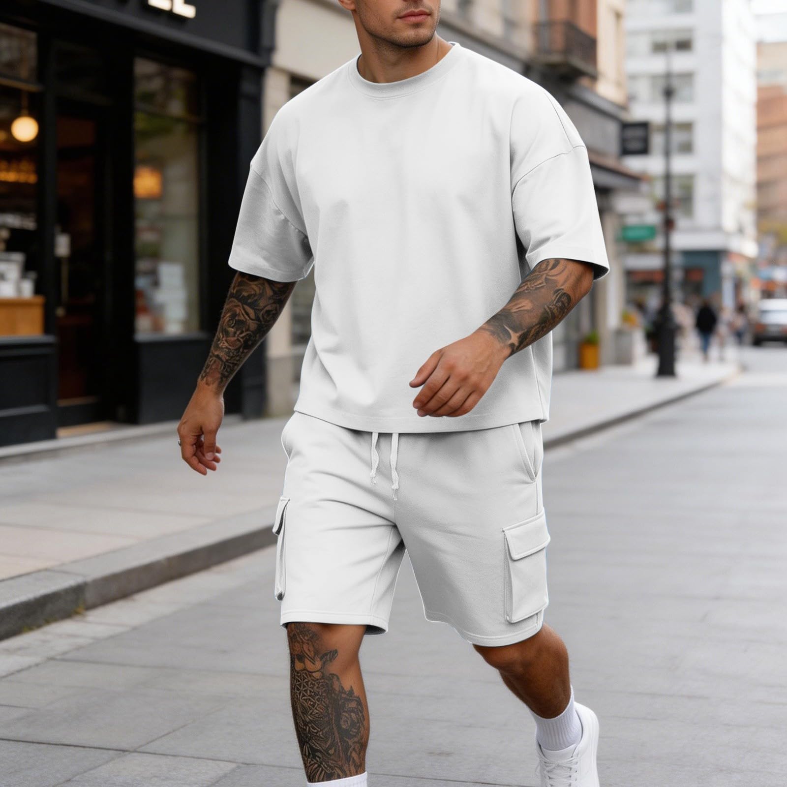 Generico Tuta Uomo Estiva Completo Uomo Casual 2 Pezzi, Maglietta a Maniche Corte e Pantaloncini Cargo, Outfit Uomo Estate Comodo per Viaggi, Passeggiate e Quotidiano