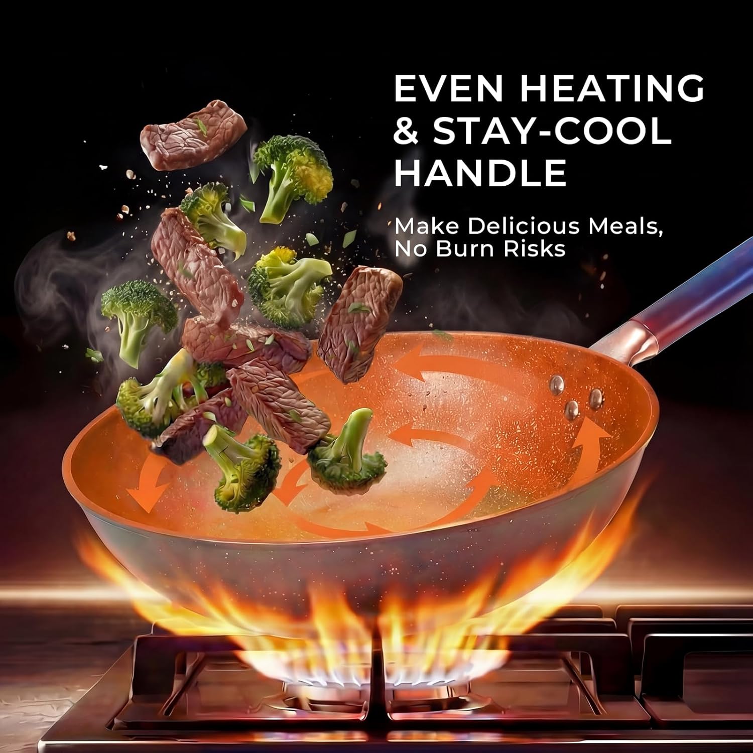 13.07-Inch Carbon Steel Wok Pan with Lid: Woks & Stir-Fry Pans Nonstick with Steamer for Cooking Pan Set, Large Deep Chinese Frying Saute Pan Wok Skillet, Induction Compatible, Stay-Cool Handle, Gifts - Image 3