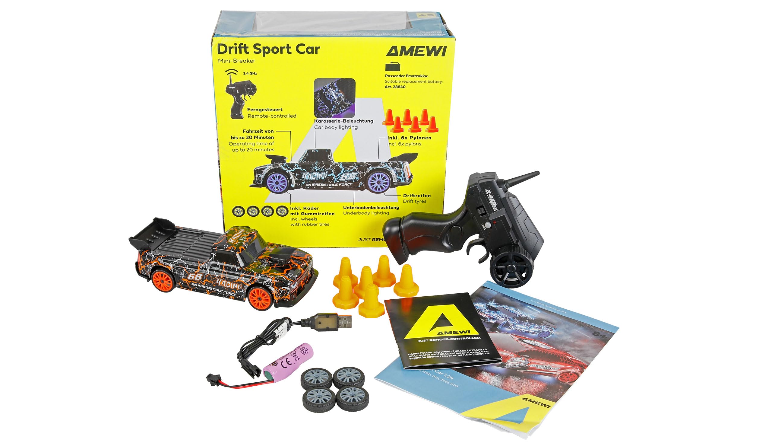 Remote Controlled Drift Sport Car Mini Breaker with Underbody Lighting 4WD 1:24 RTR Orange Children from 6 Years