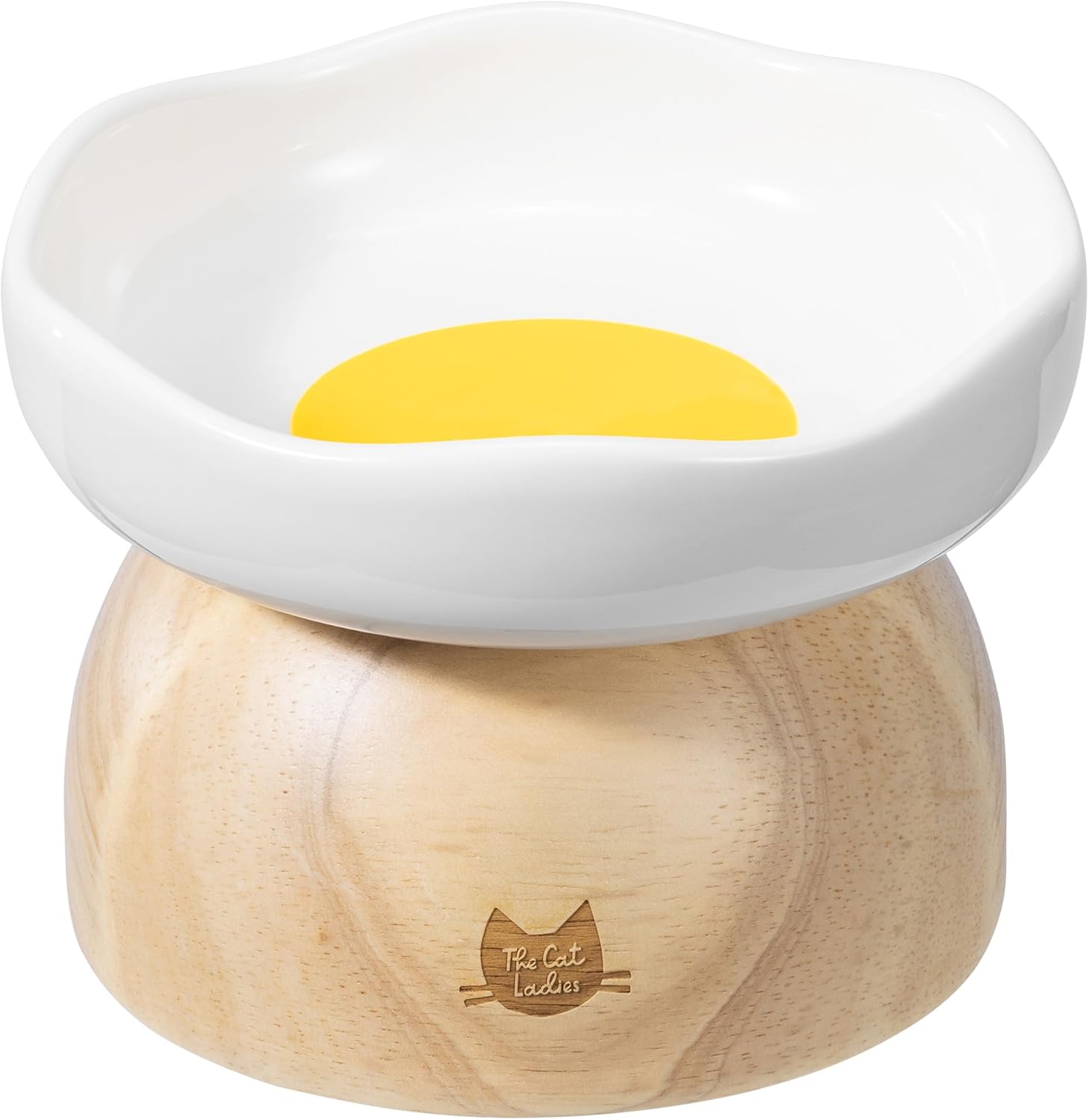 The Cat Ladies Egg Cat Food Bowl - Cute Cats Bowl - Elevated Ceramic Food Bowls - Ceramic Raised Food Bowls - Elevated for Spinal Alignment - Prevents Whisker Fatigue - Wood StandCat Bowl