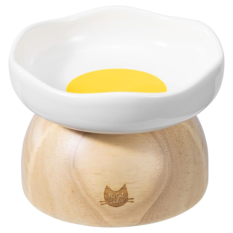 Pote elevado de cerâmica para gatos com suporte de madeira The Cat Ladies Egg, 1 unidade