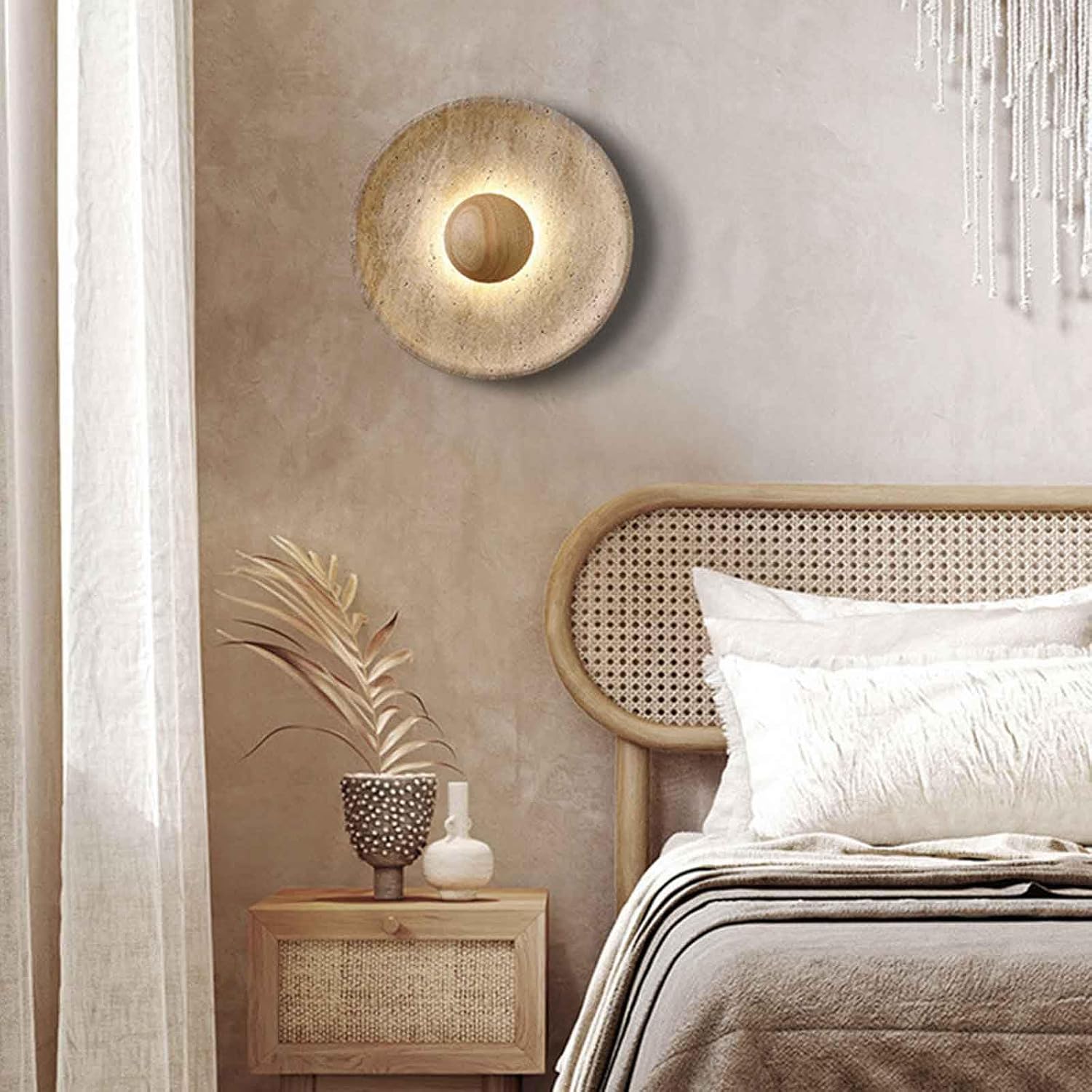 Japanese Wabi-sabi Marble Wall Sconce Retro Round Wall Light Yellow Travertine Interior Wall Lamp 7W LED Warm Light 3000K Wall Lantern Wooden Decoration Living Room Bedside Wall Lights