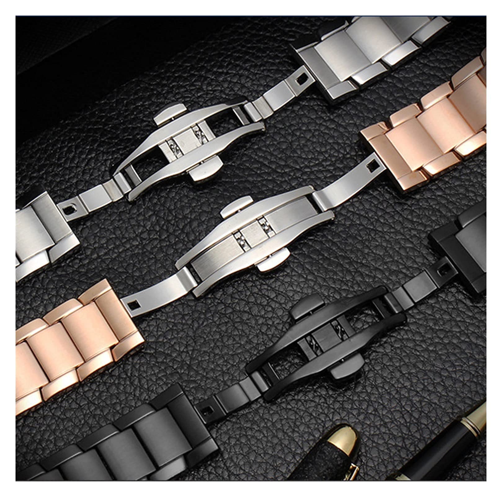 Cinturino in Metallo in Acciaio Inossidabile, Cinturino per Orologio Intelligente con Fibbia a Farfalla, Bracciale da 22 mm in Oro Rosa Argento Satinato Nero