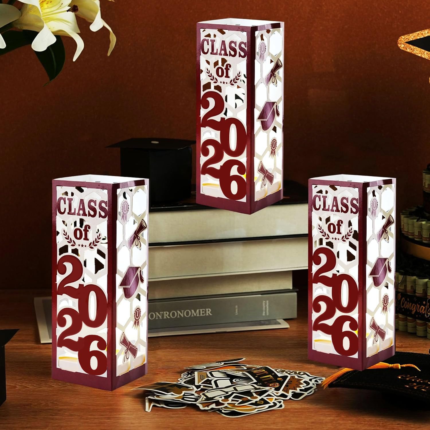 6 Pcs Light Up Graduation Centerpieces- Class of 2026 Graduation Decorations Lantern Boxes for College High School Congrats Graduation Party Supplies(