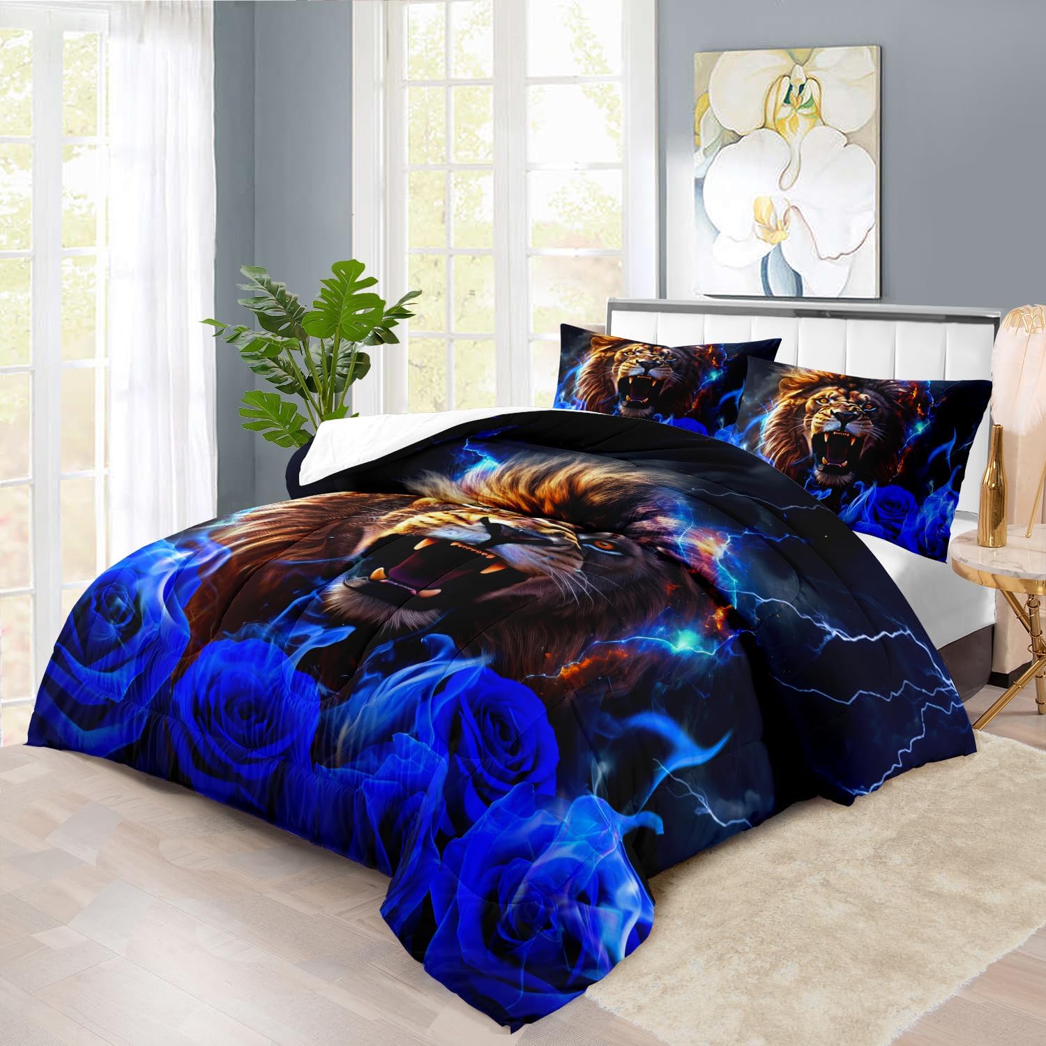Lion Blue Comforter Set Queen,Lion Bedding Set Boys,Animal Print Comforter Bedroom Decor for Home,Vintage Floral Quilt,Blue Flower Bedding Adult,Tiger Quilt Bed Decor Teen - Image 5