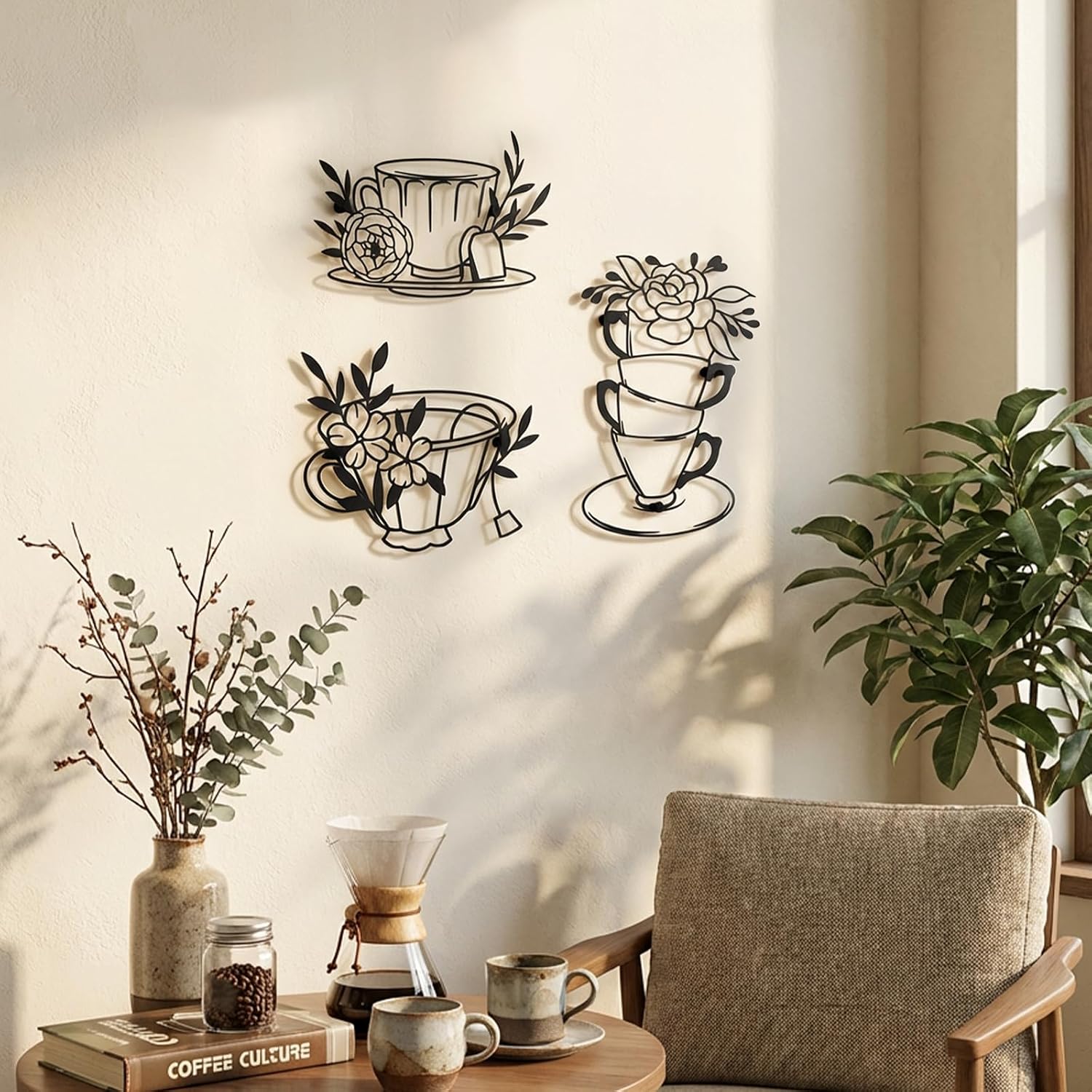 WOPARTY Metal Wall Art Decor, Tea Cup and Flowers Design, Black Metal Wire Cutout, 3-Piece Set for Kitchen, Bathroom, Living Room, 11x7.7, 9.84x7.9, 9.84x6.54 Inches