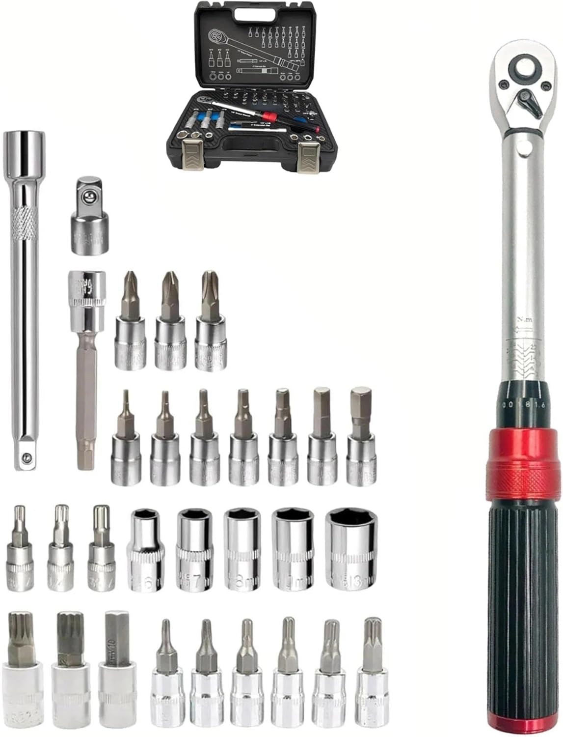 1/4" Drive Click Torque Wrench Set, 2-24 N.m, 32PCS Professional Torque Tool Kit with Extension Bar, Adapter, Bits & Portable Case for Bicycle, Motorcycle, Car Maintenance