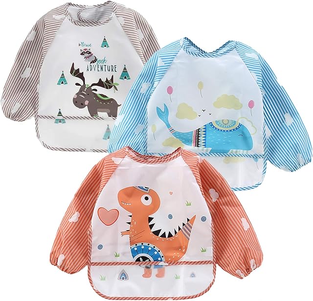 PandaEar (3 Pack) Waterproof Baby Bibs with Long Sleeve| Baby Feeding Bib Painting Apron Bibs for Infant Toddler 6-36 Months